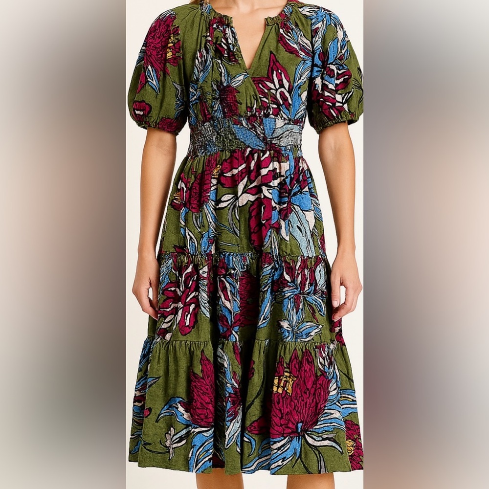 Anthropologie‎ Conditions Apply Midi Dress Size 6 Floral Cottagecore Tiered Boho